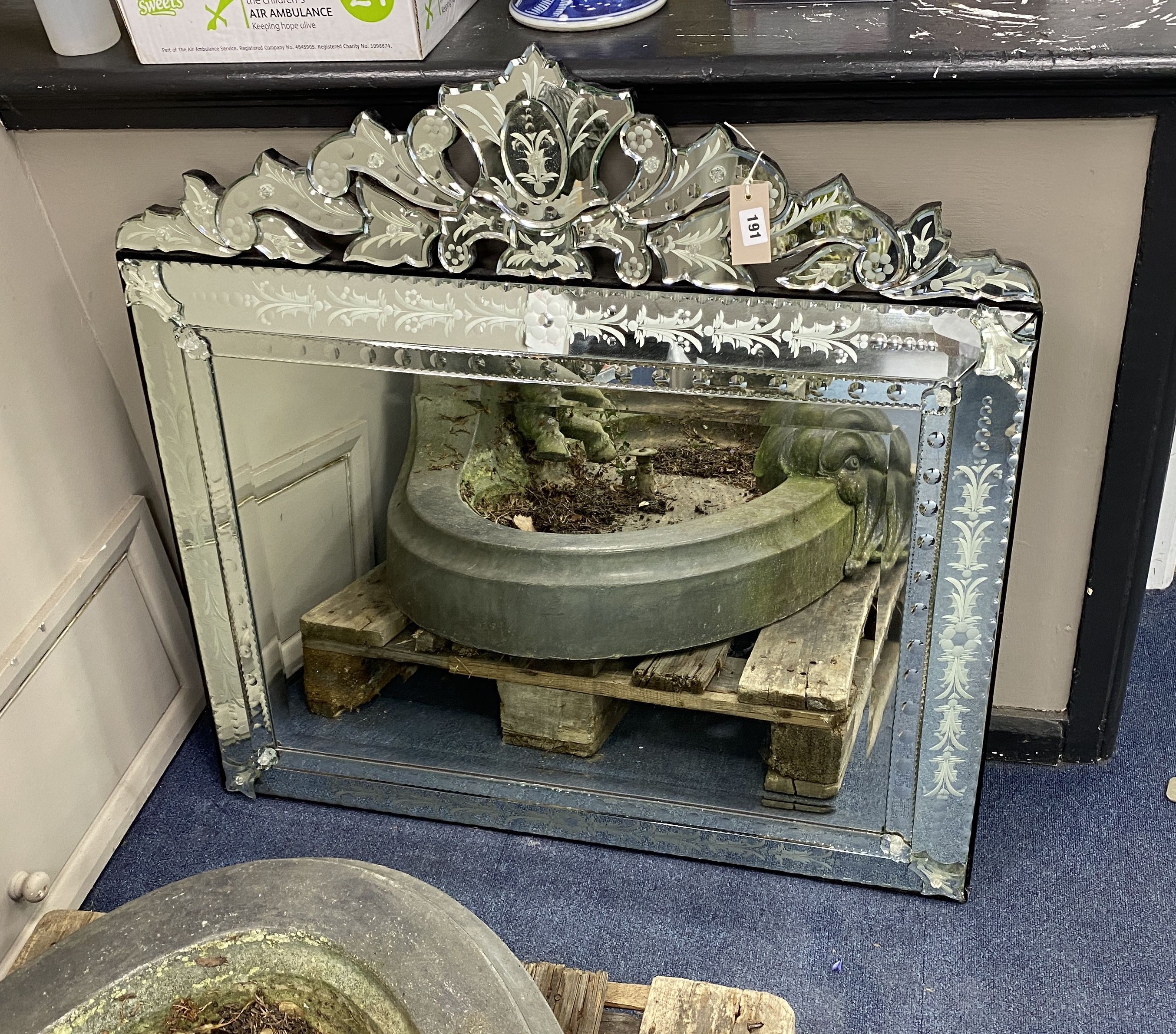 A rectangular Venetian engraved wall mirror with pierced scroll pediment, width 92cm, height 94cm